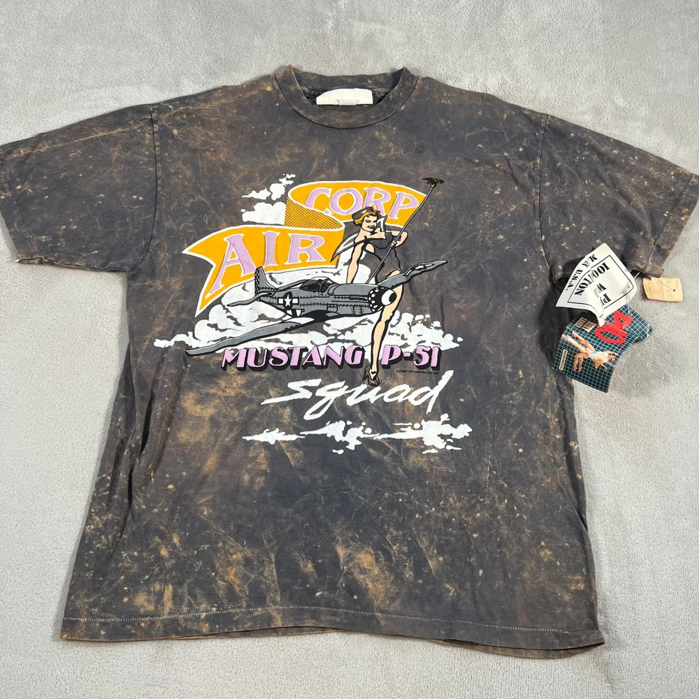 Vintage 1987 Primo Air Corp Mustang P-51 Squad Acid Wash Pinup T-Shirt Large NWT